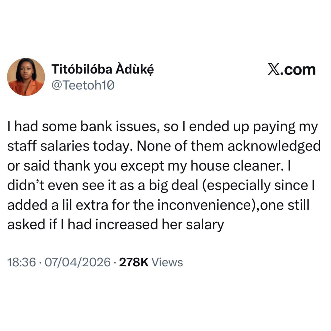Opinions differ after Nigerian lady expressed dissatisfaction at her staff who failed to thank her after paying their salaries a little late
